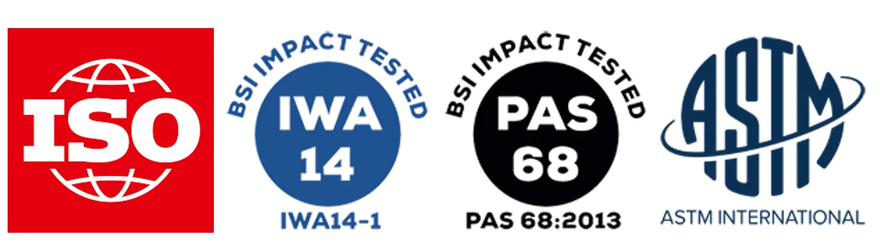 Logo des normes et certifications des dispositifs anti véhicule-bélier. ISO, IWA14, PAS68, ASTM
