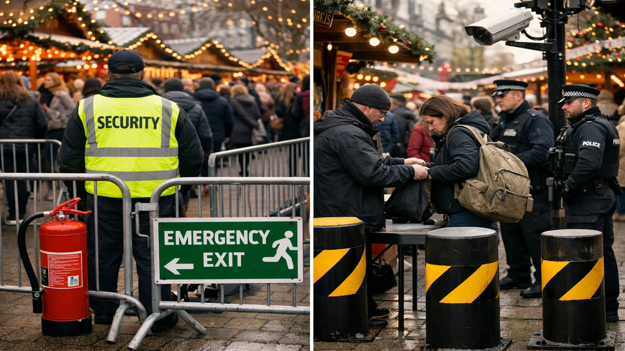 Agent de sécurité événementielle en poste lors d'un rassemblement public, avec contrôle d'accès et vérification des sacs par des forces de l'ordre