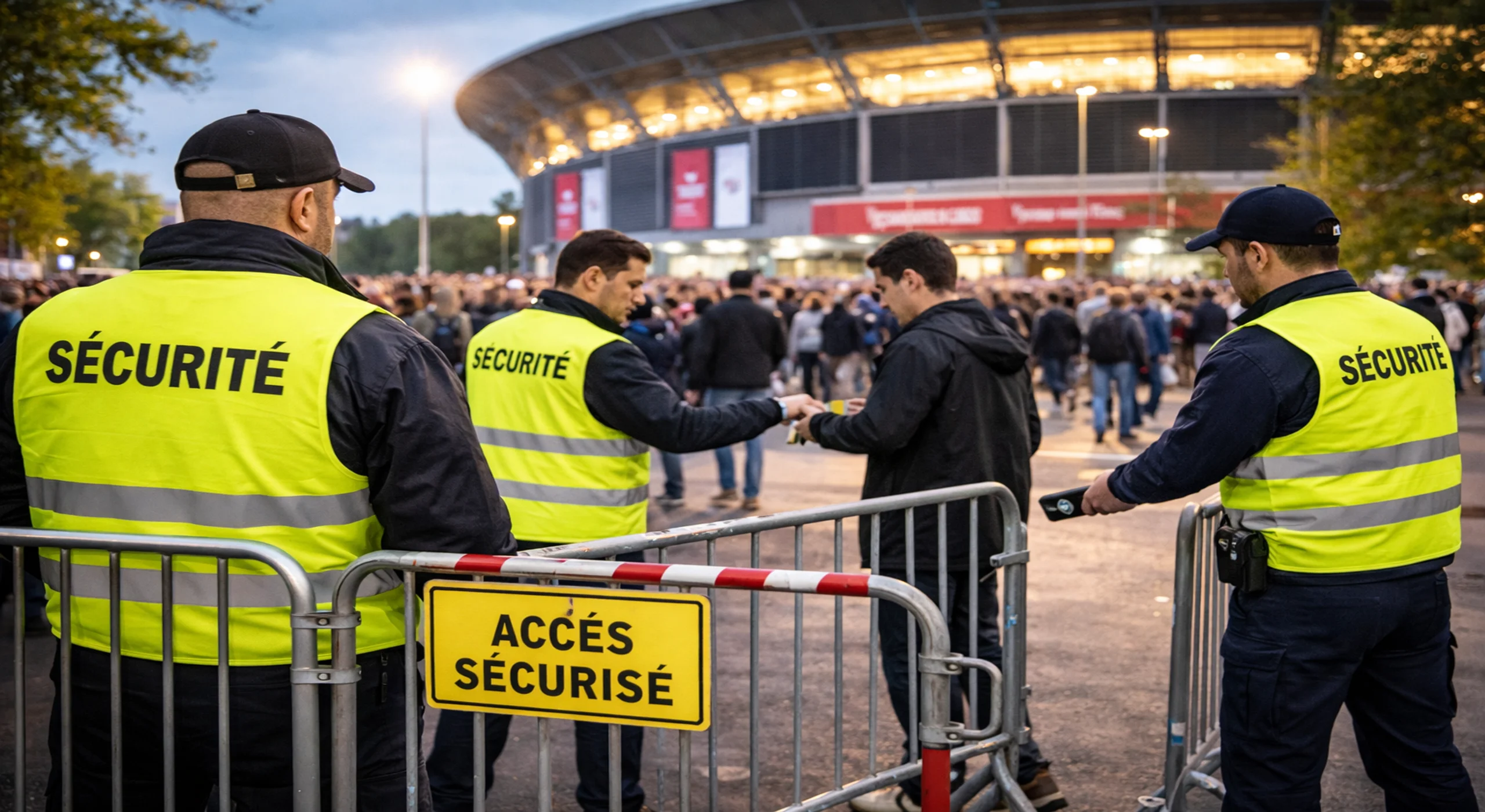 Dispositif de sécurité lors d’un événement sportif avec agents contrôlant les entrées devant un stade