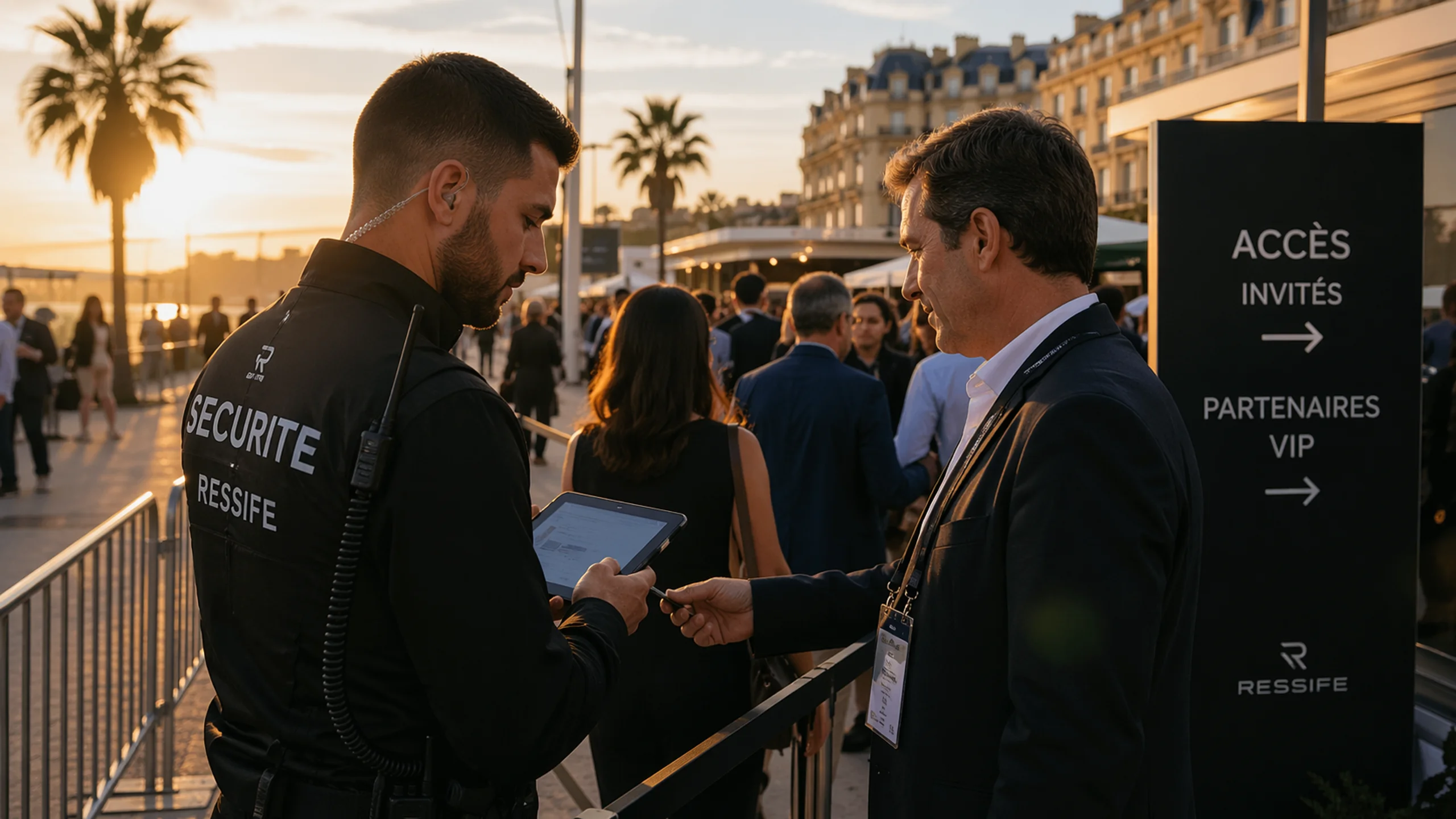 Agent de sécurité contrôlant l'accès d'un événement professionnel en plein air à Montpellier