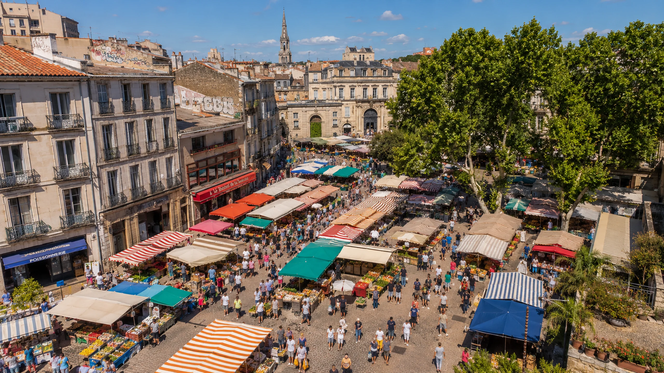 Marché en plein air de Montpellier vu du ciel, étals colorés et foule de visiteurs sur la place de la Comédie